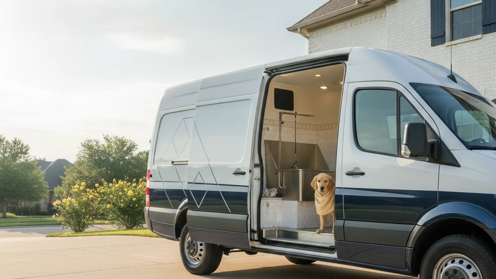 Mobile grooming van parked in a driveway ready for an appointment