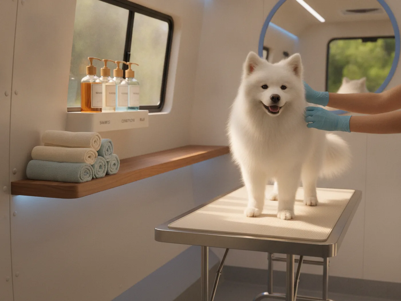 Clean, modern interior of a Glow Groom mobile grooming van with a dog on the grooming table