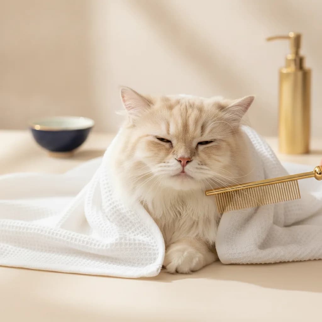 Calm cat being gently groomed during a professional appointment