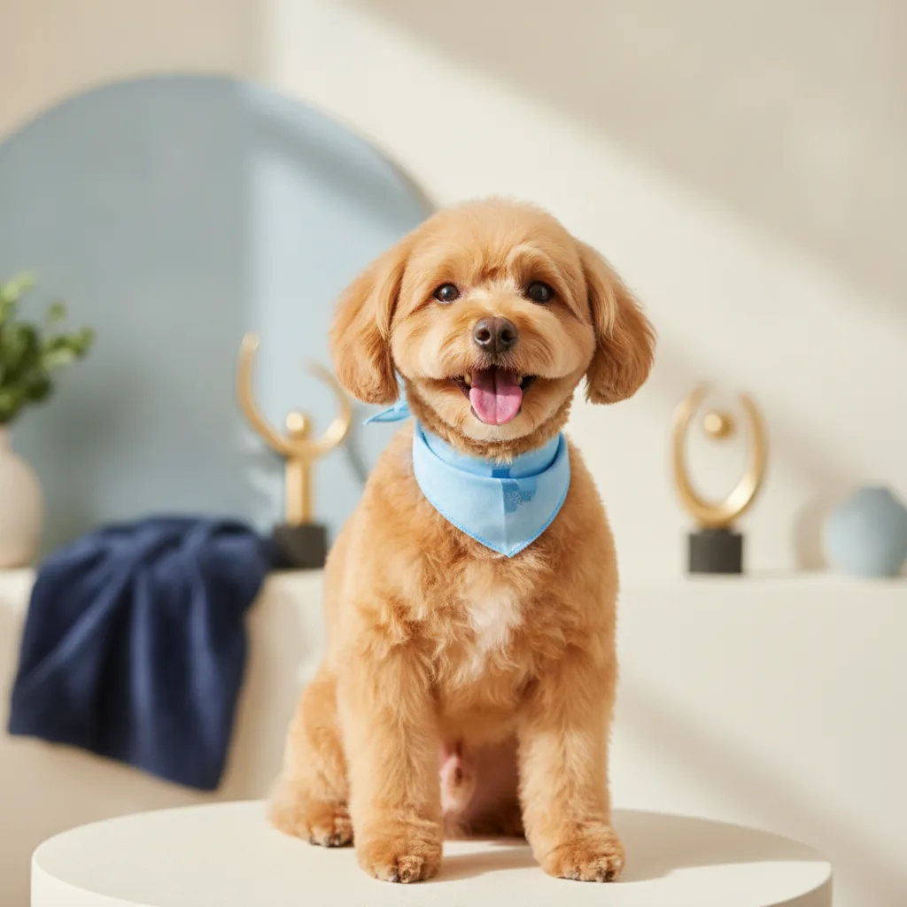 A freshly groomed happy dog wearing a blue bandana after a mobile grooming appointment