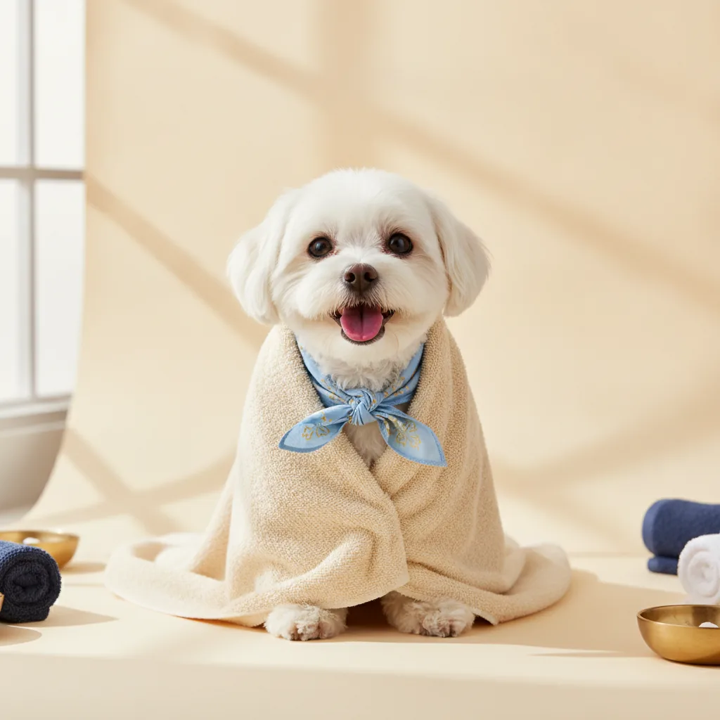 A freshly groomed dog wrapped in a soft towel after a calm mobile grooming appointment