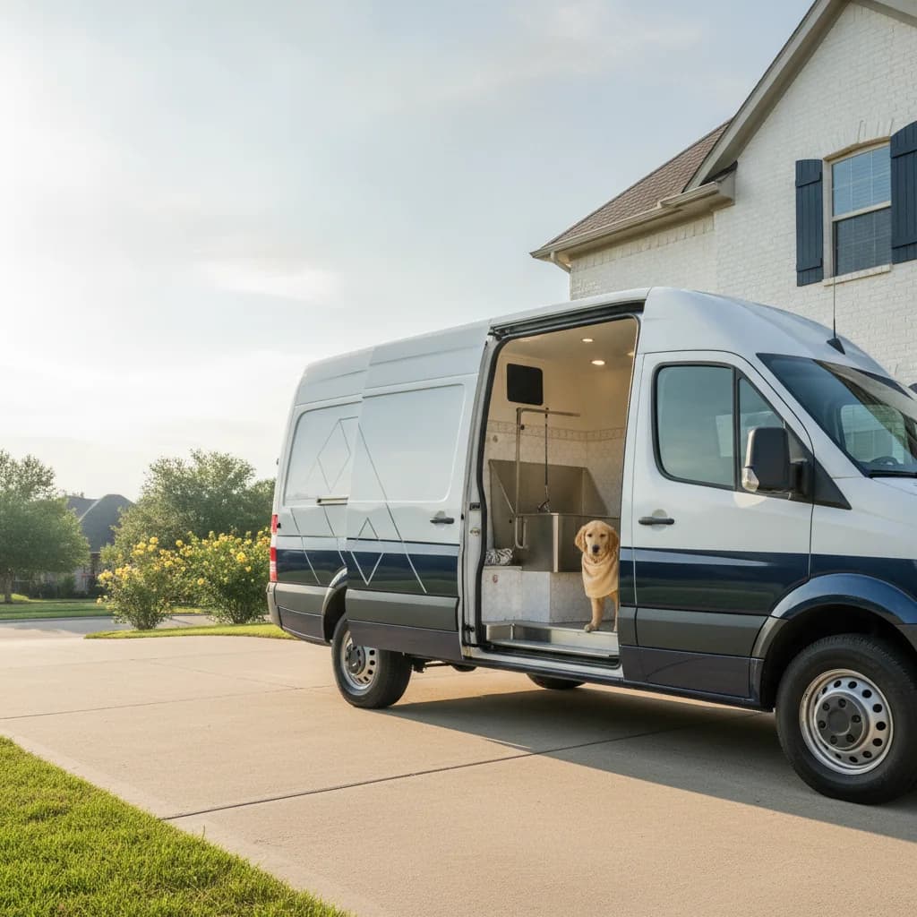 Glow Groom mobile grooming van parked in a residential driveway