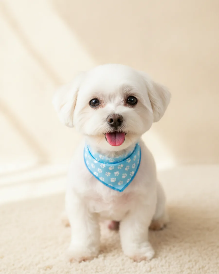 Freshly groomed fluffy white dog with a blue bandana