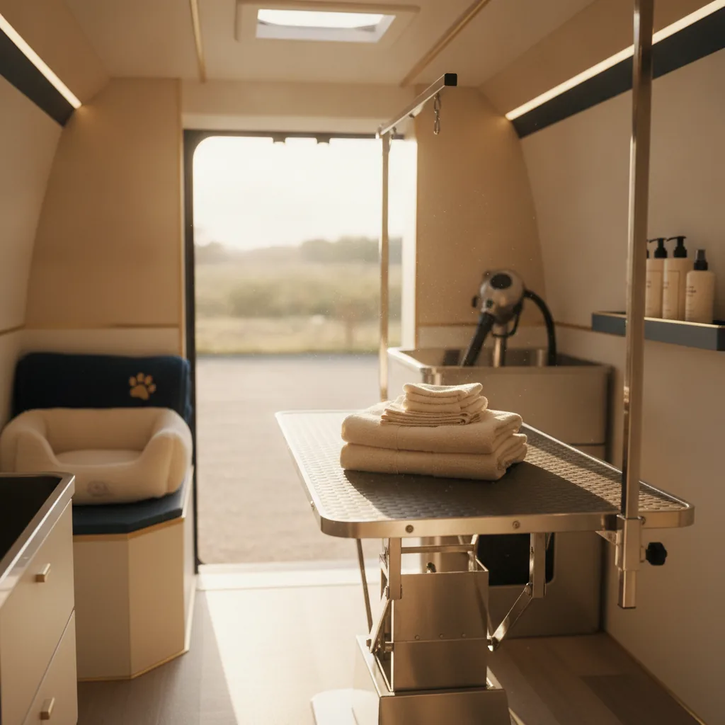 Calm, clean interior of a mobile pet grooming van